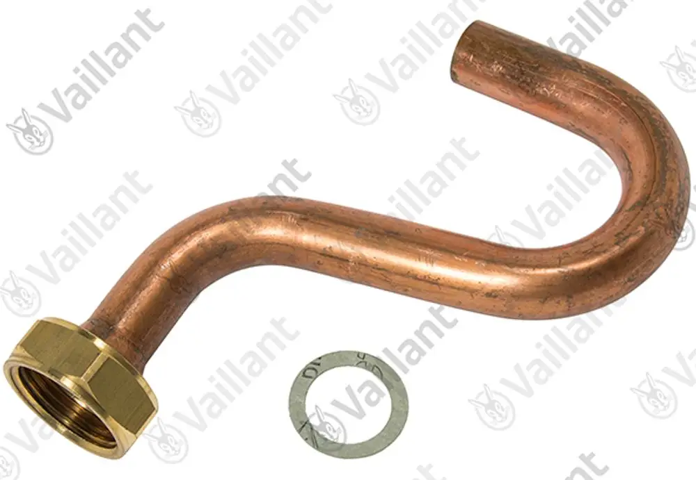 Kupferrohr mit einem abgewinkelten Ende und einer Metallmutter, begleitet von einer Dichtung. Produkt von Vaillant.